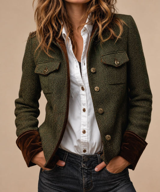 Herringbone Tweed Jacket - Tailored Structured Blazer for Women