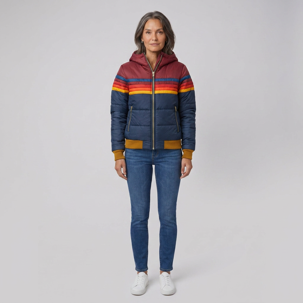 Rainbow Stripe Hooded Puffer Jacket — Retro Women's Winter Coat 1