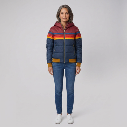 Rainbow Stripe Hooded Puffer Jacket — Retro Women's Winter Coat 1