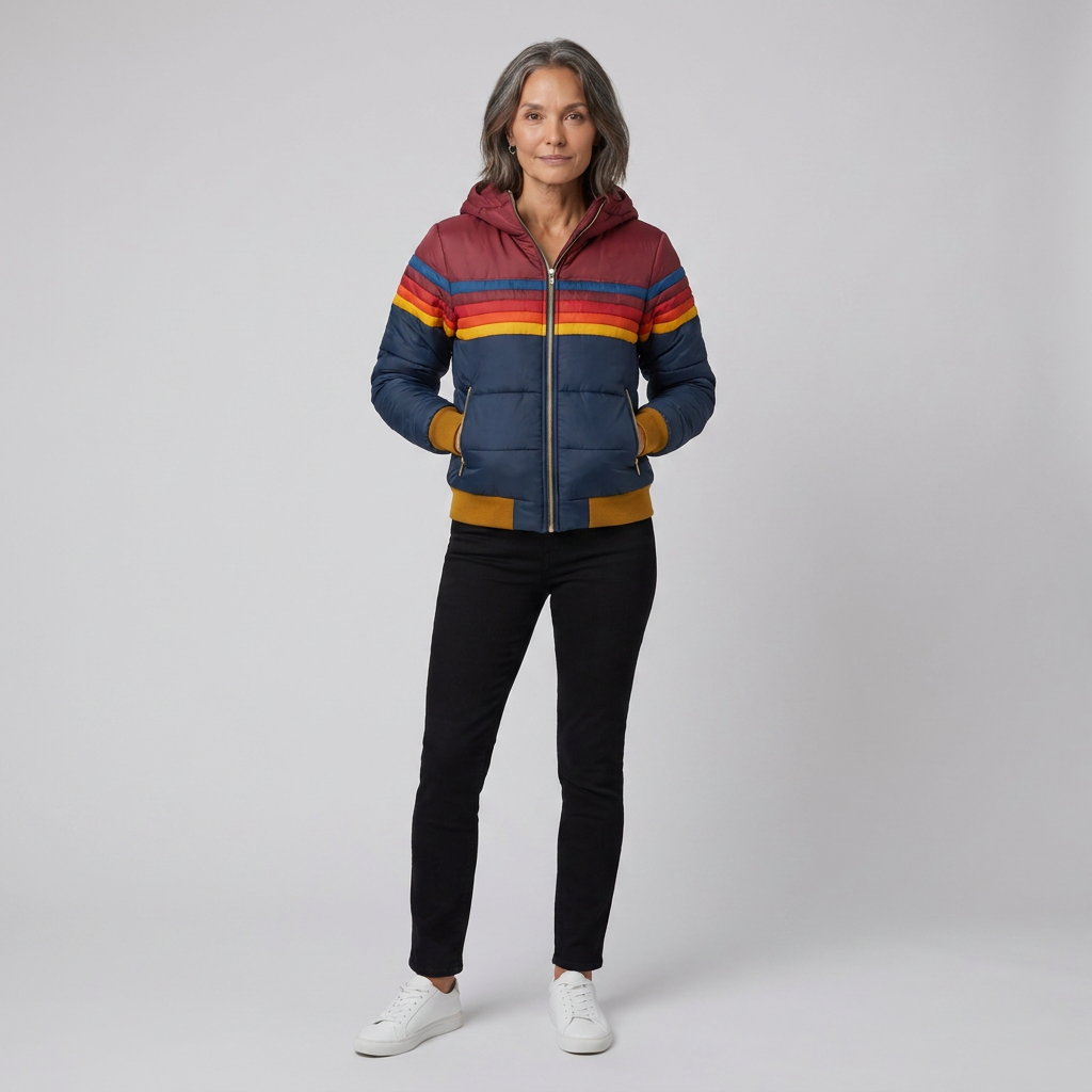 Rainbow Stripe Hooded Puffer Jacket — Retro Women's Winter Coat 2