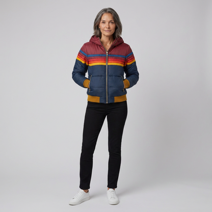 Rainbow Stripe Hooded Puffer Jacket — Retro Women's Winter Coat 2