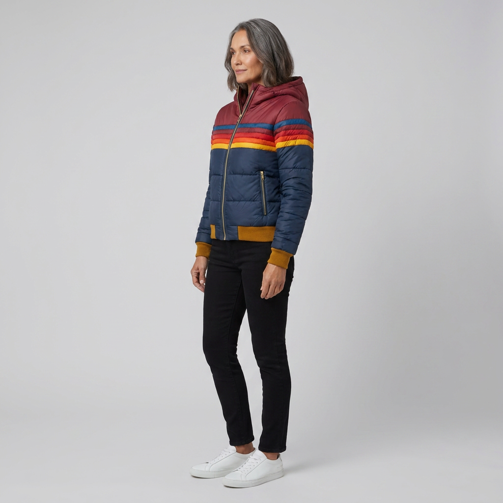 Rainbow Stripe Hooded Puffer Jacket — Retro Women's Winter Coat 3