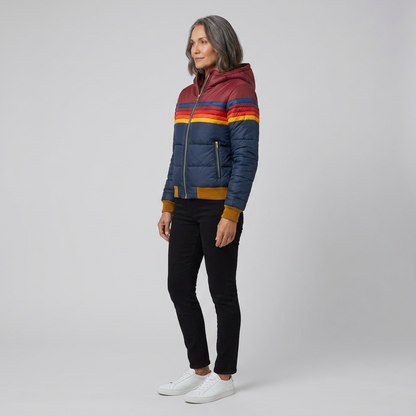 Rainbow Stripe Hooded Puffer Jacket — Retro Women's Winter Coat 3