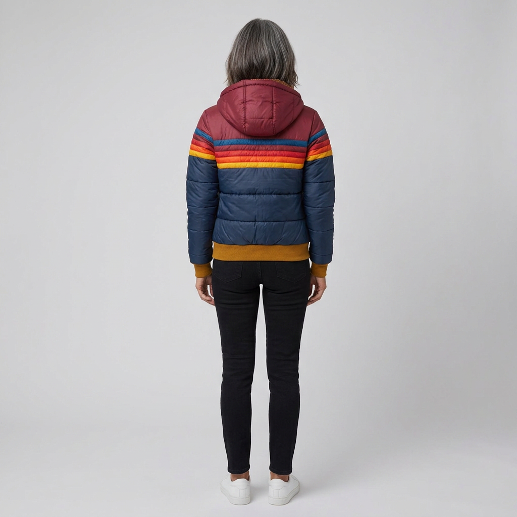 Rainbow Stripe Hooded Puffer Jacket — Retro Women's Winter Coat 4