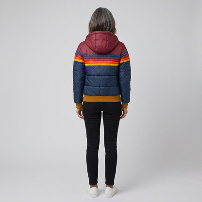Rainbow Stripe Hooded Puffer Jacket — Retro Women's Winter Coat 4