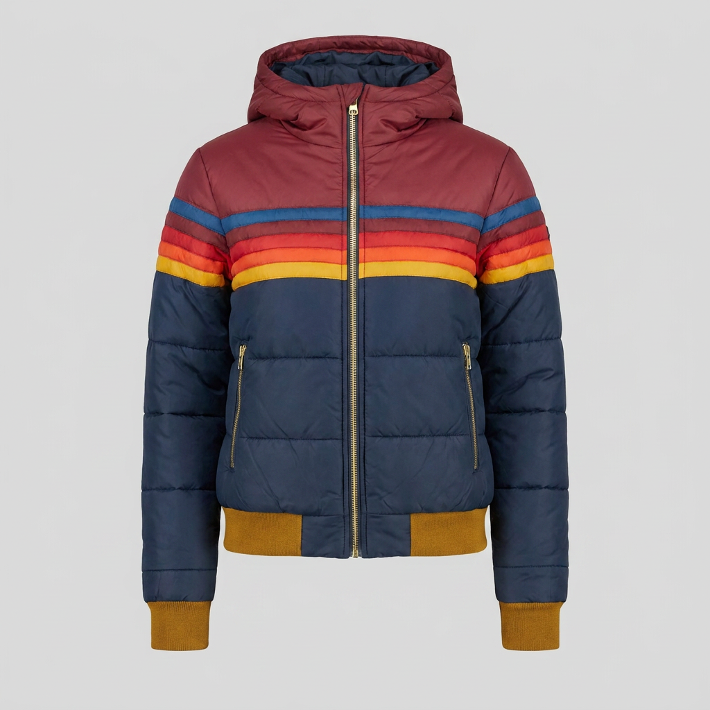 Rainbow Stripe Hooded Puffer Jacket — Retro Women's Winter Coat 5