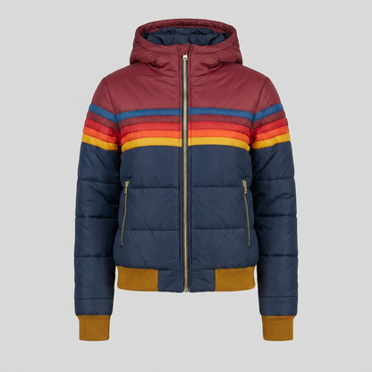 Rainbow Stripe Hooded Puffer Jacket — Retro Women's Winter Coat 5