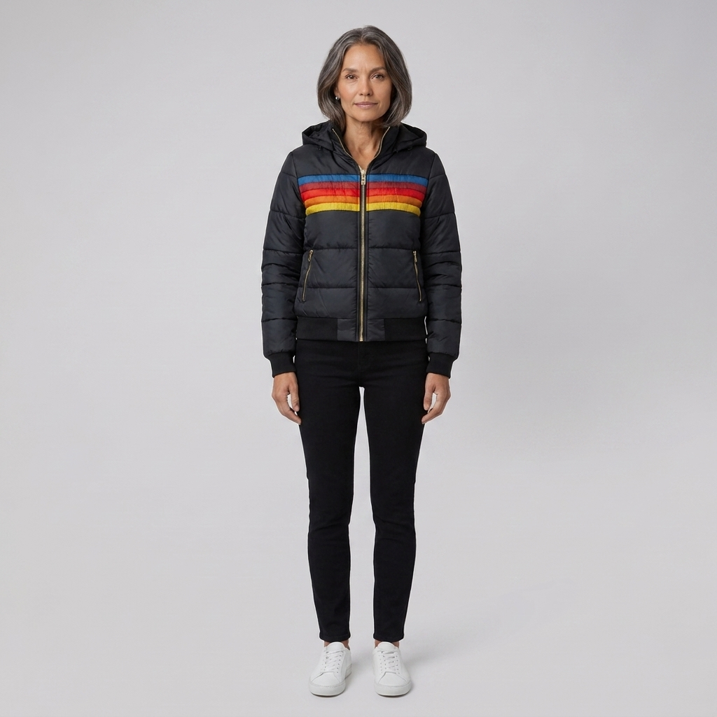 Rainbow Stripe Hooded Puffer Jacket — Retro Women's Winter Coat 9