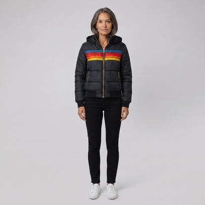 Rainbow Stripe Hooded Puffer Jacket — Retro Women's Winter Coat 9