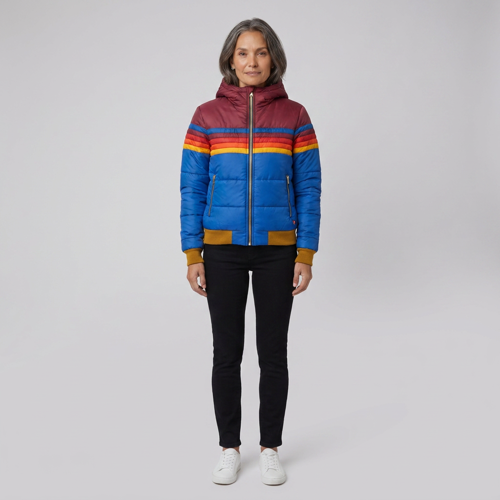 Rainbow Stripe Hooded Puffer Jacket — Retro Women's Winter Coat 8