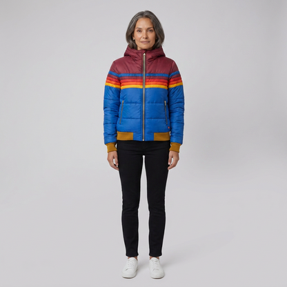 Rainbow Stripe Hooded Puffer Jacket — Retro Women's Winter Coat 8