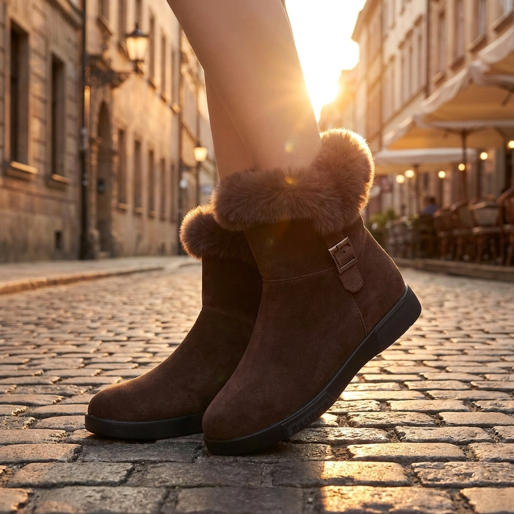 Women's Plush Fur Ankle Boots — Side Buckle Low Platform 1