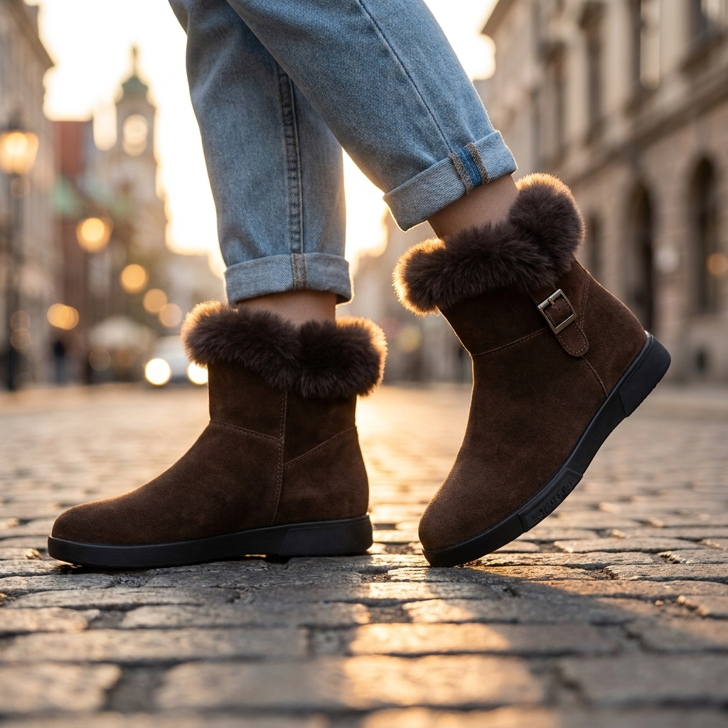 Women's Plush Fur Ankle Boots — Side Buckle Low Platform 2