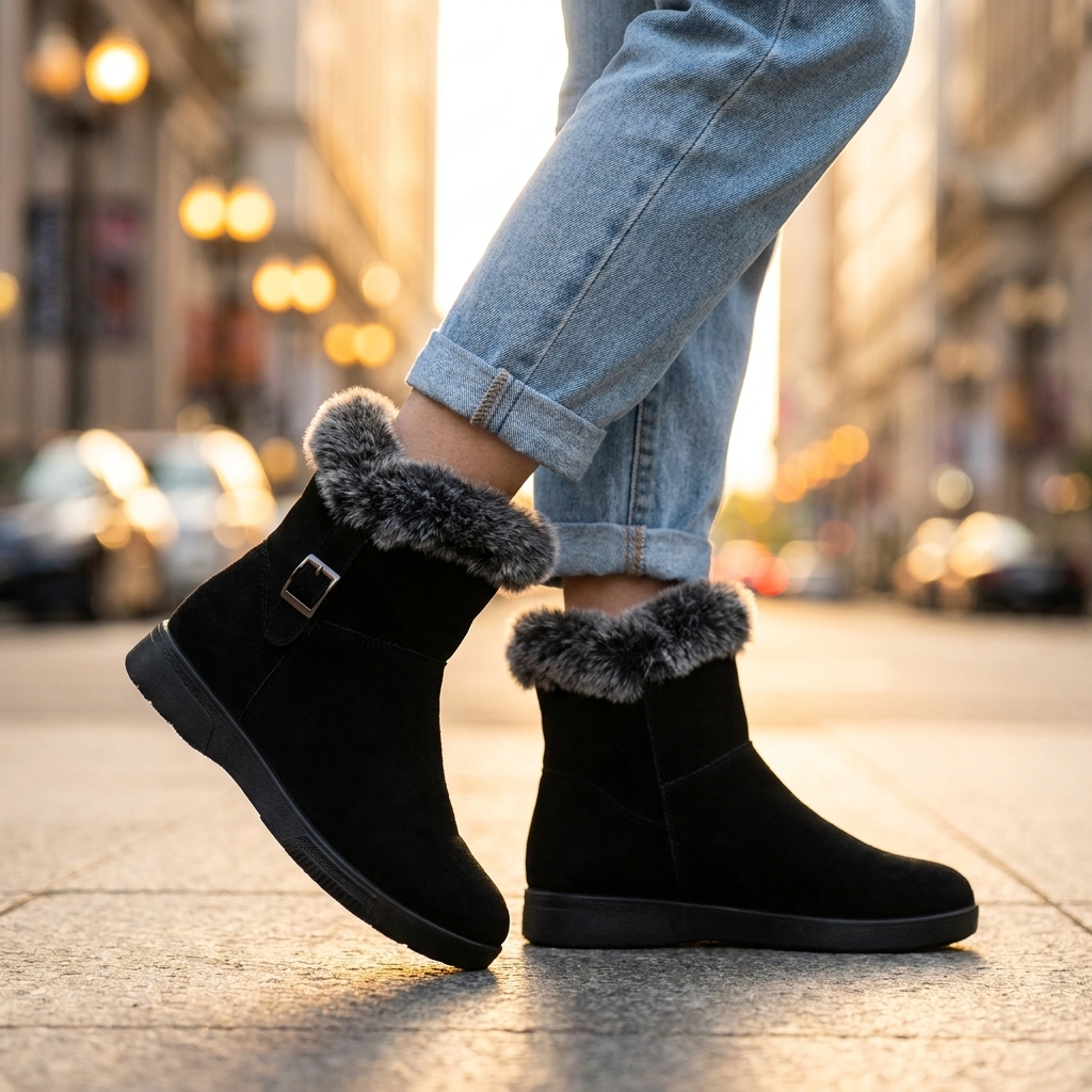Women's Plush Fur Ankle Boots — Side Buckle Low Platform 5