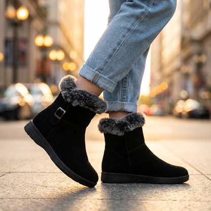 Women's Plush Fur Ankle Boots — Side Buckle Low Platform 5