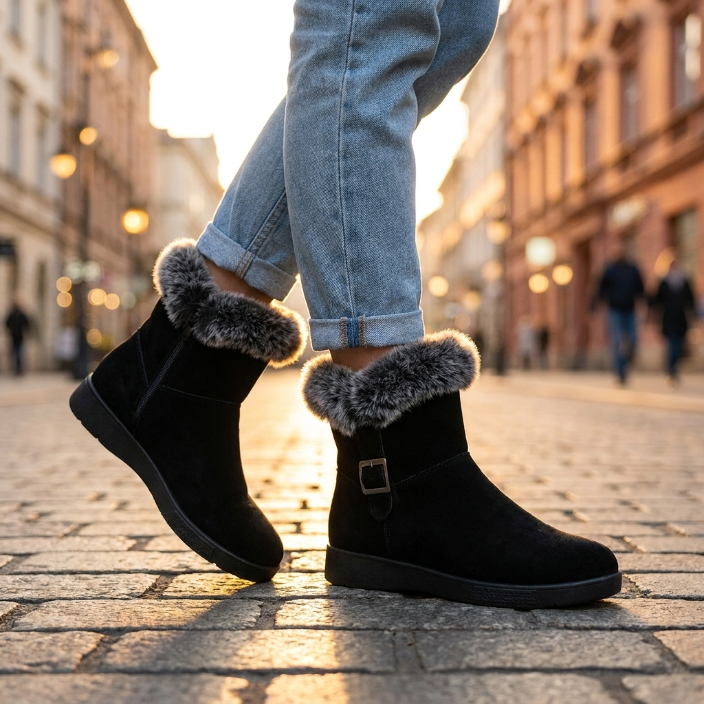 Women's Plush Fur Ankle Boots — Side Buckle Low Platform 6
