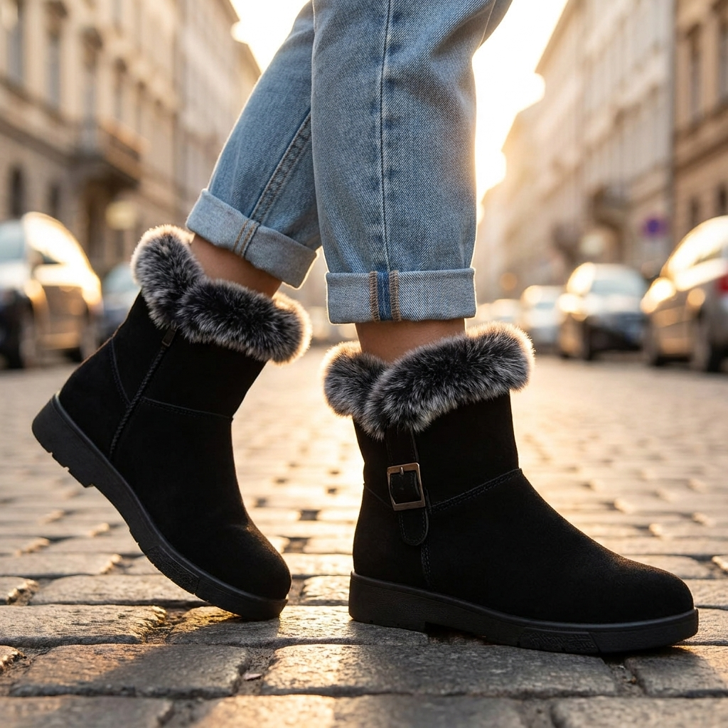 Women's Plush Fur Ankle Boots — Side Buckle Low Platform 7