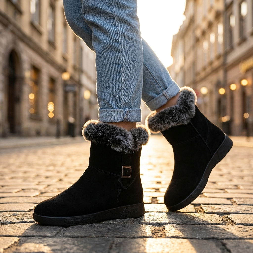 Women's Plush Fur Ankle Boots — Side Buckle Low Platform 4