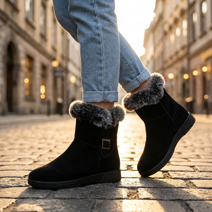 Women's Plush Fur Ankle Boots — Side Buckle Low Platform 4