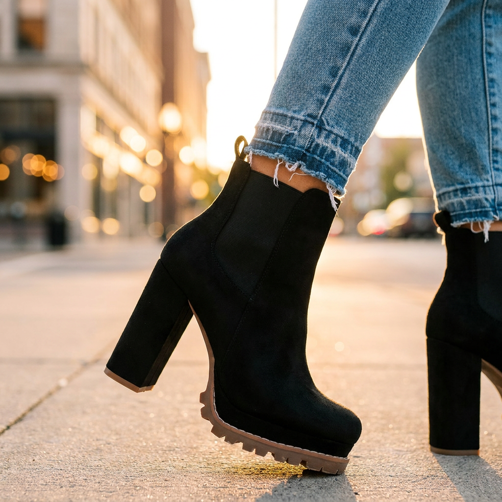 Ivy Block Heel Ankle Boots — Suede Lugged Platform Sole 7