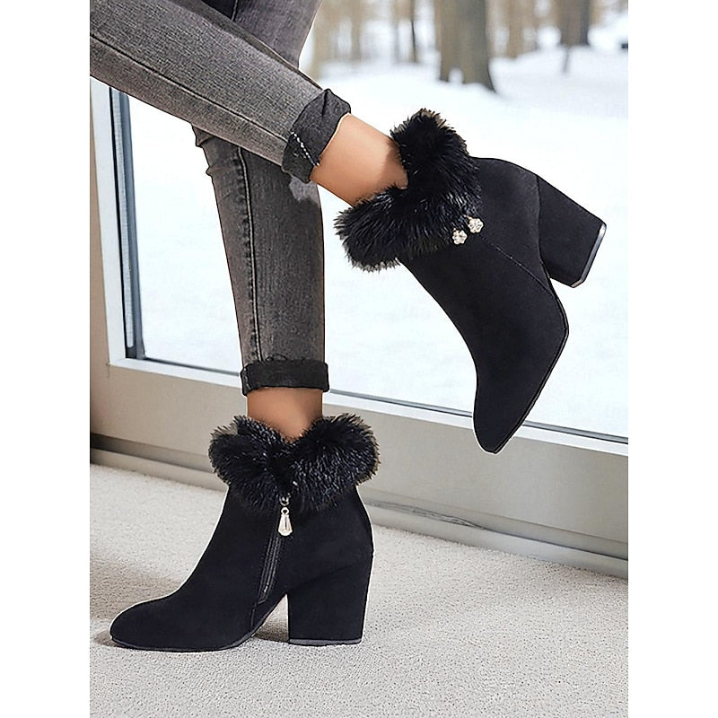 Fur-Trimmed Block Heel Ankle Boots — Women's Side Zip 10