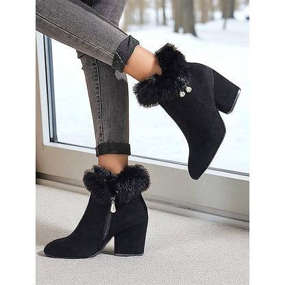 Fur-Trimmed Block Heel Ankle Boots — Women's Side Zip 10