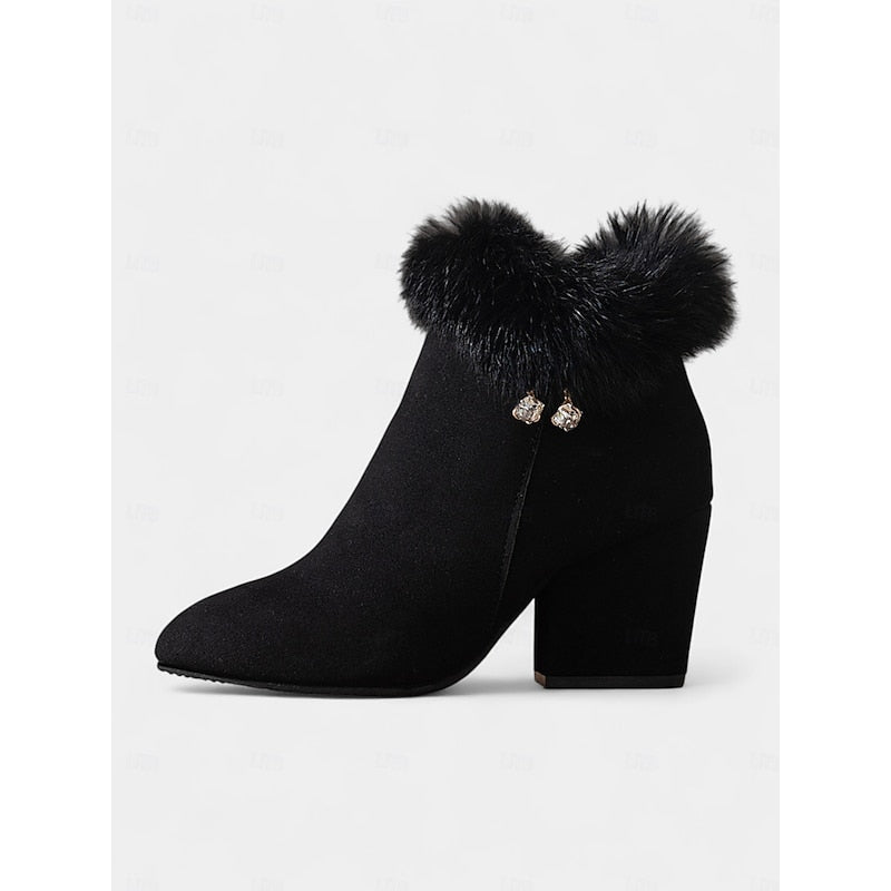 Fur-Trimmed Block Heel Ankle Boots — Women's Side Zip 11