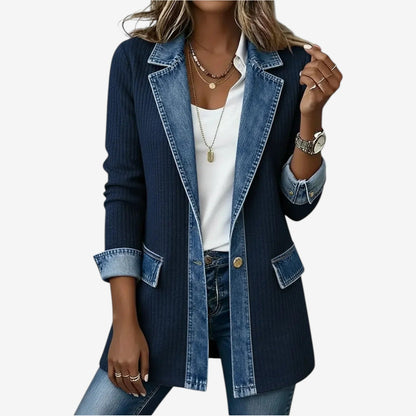 Layered Collar Button Jacket — Mixed Knit & Denim Style 6