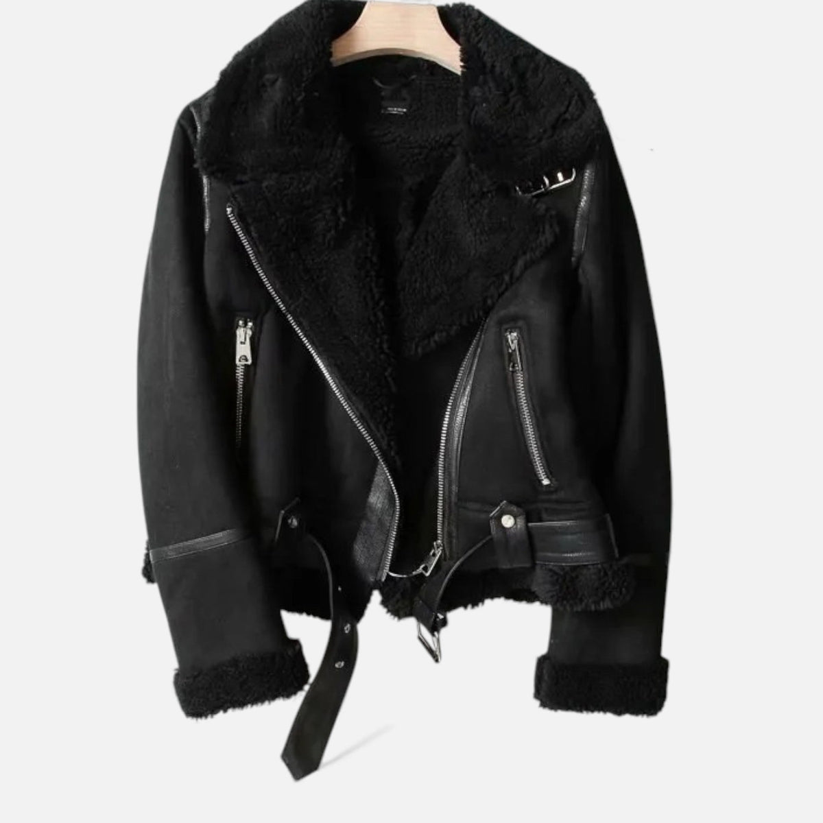 Women's Suede Lambswool Moto Jacket — Lapel Winter Coat 4