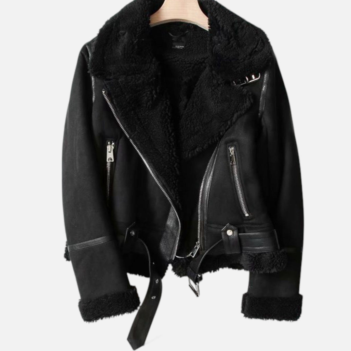 Women's Suede Lambswool Moto Jacket — Lapel Winter Coat 7