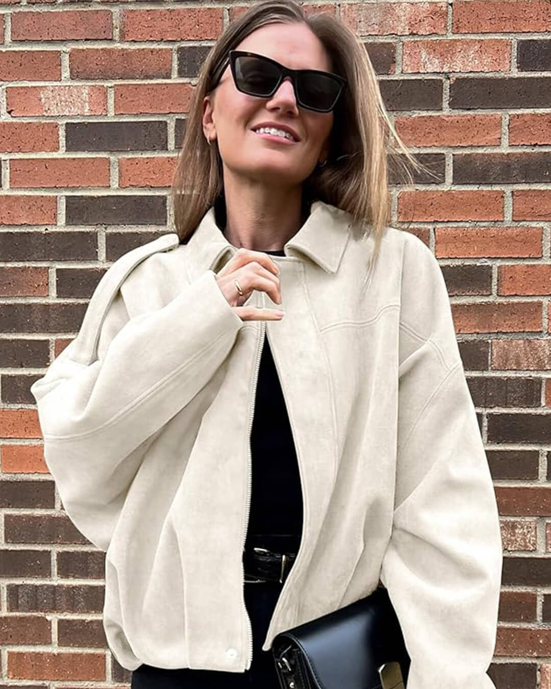 Women's Faux Suede Bomber Jacket — Fold-Over Collar 19