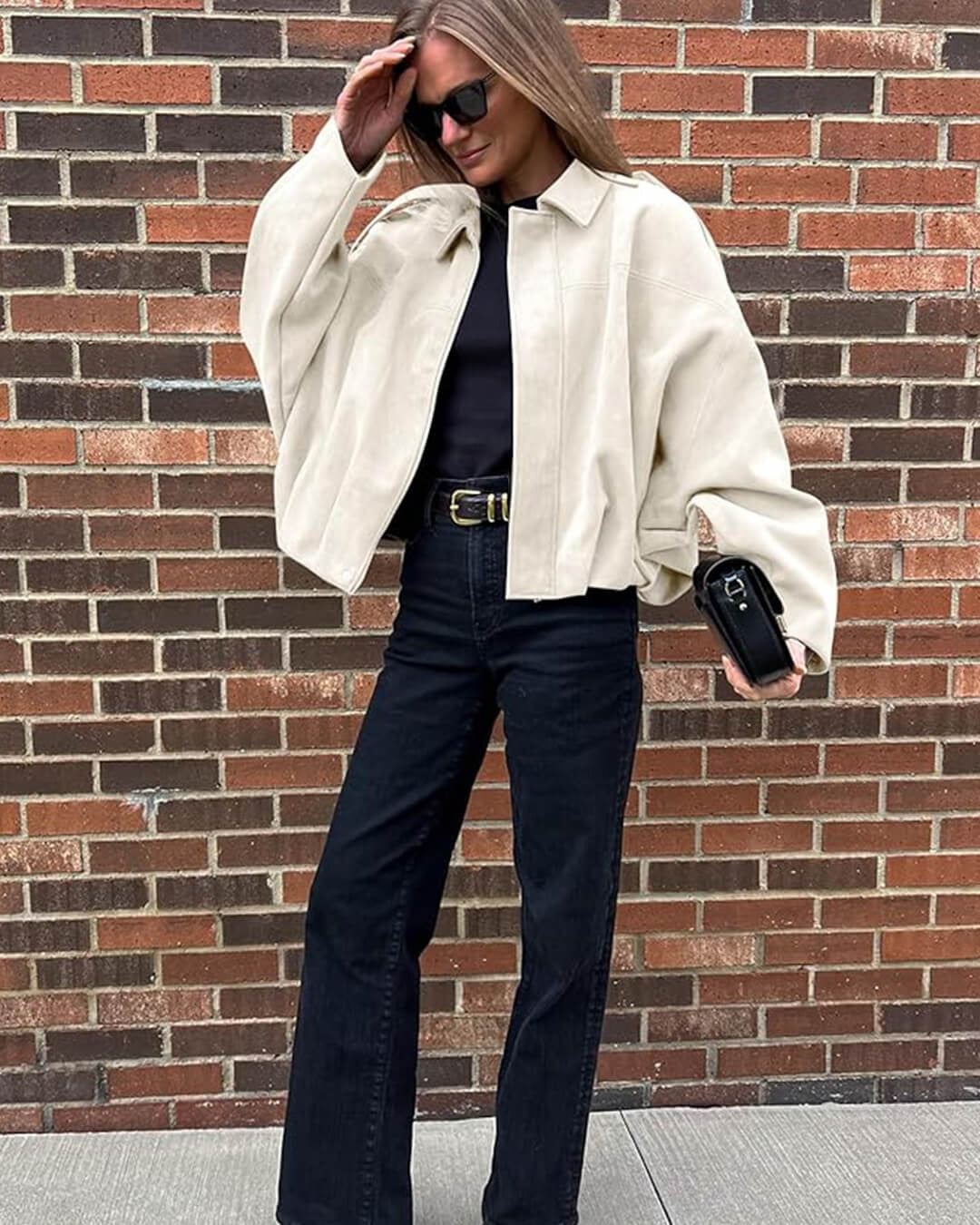 Women's Faux Suede Bomber Jacket — Fold-Over Collar 18