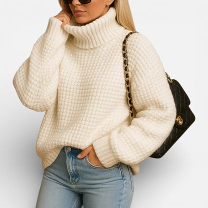Waffle Knit Turtleneck Sweater — Balloon Sleeve Oversized Fit 1