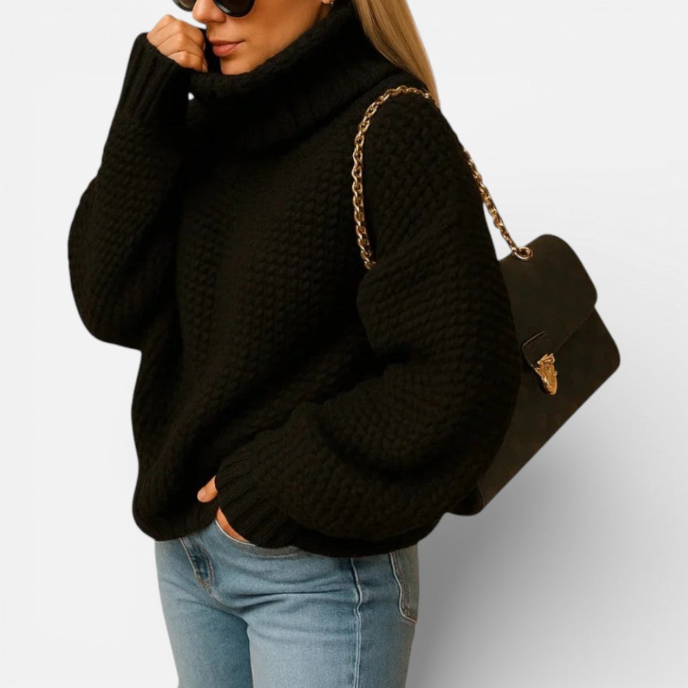 Waffle Knit Turtleneck Sweater — Balloon Sleeve Oversized Fit 2