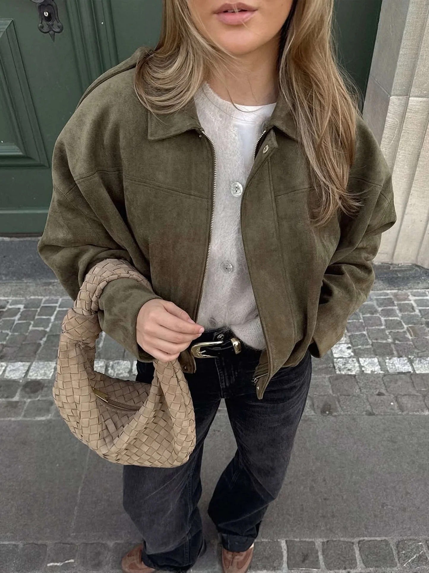 Women's Faux Suede Bomber Jacket — Fold-Over Collar 11