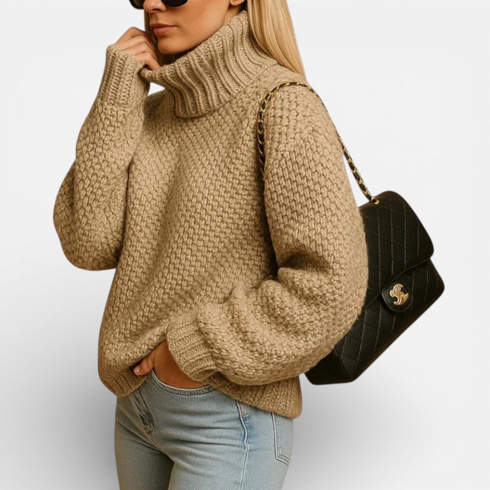 Waffle Knit Turtleneck Sweater — Balloon Sleeve Oversized Fit 3
