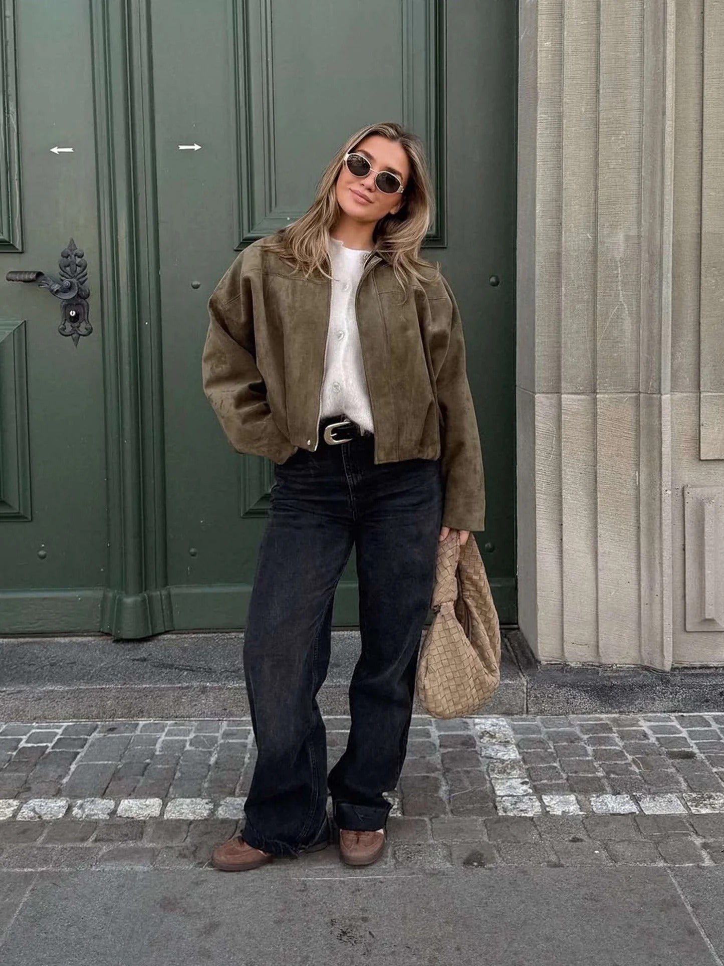 Women's Faux Suede Bomber Jacket — Fold-Over Collar 12