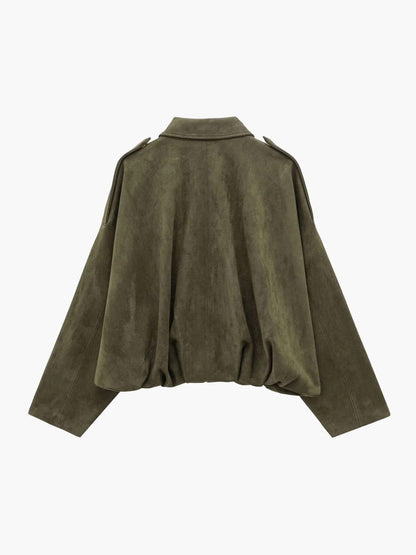 Women's Faux Suede Bomber Jacket — Fold-Over Collar 3