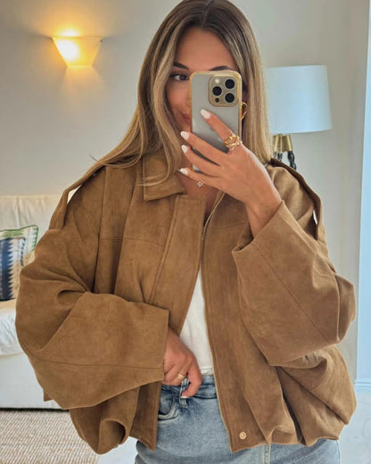 Women's Faux Suede Bomber Jacket — Fold-Over Collar 17