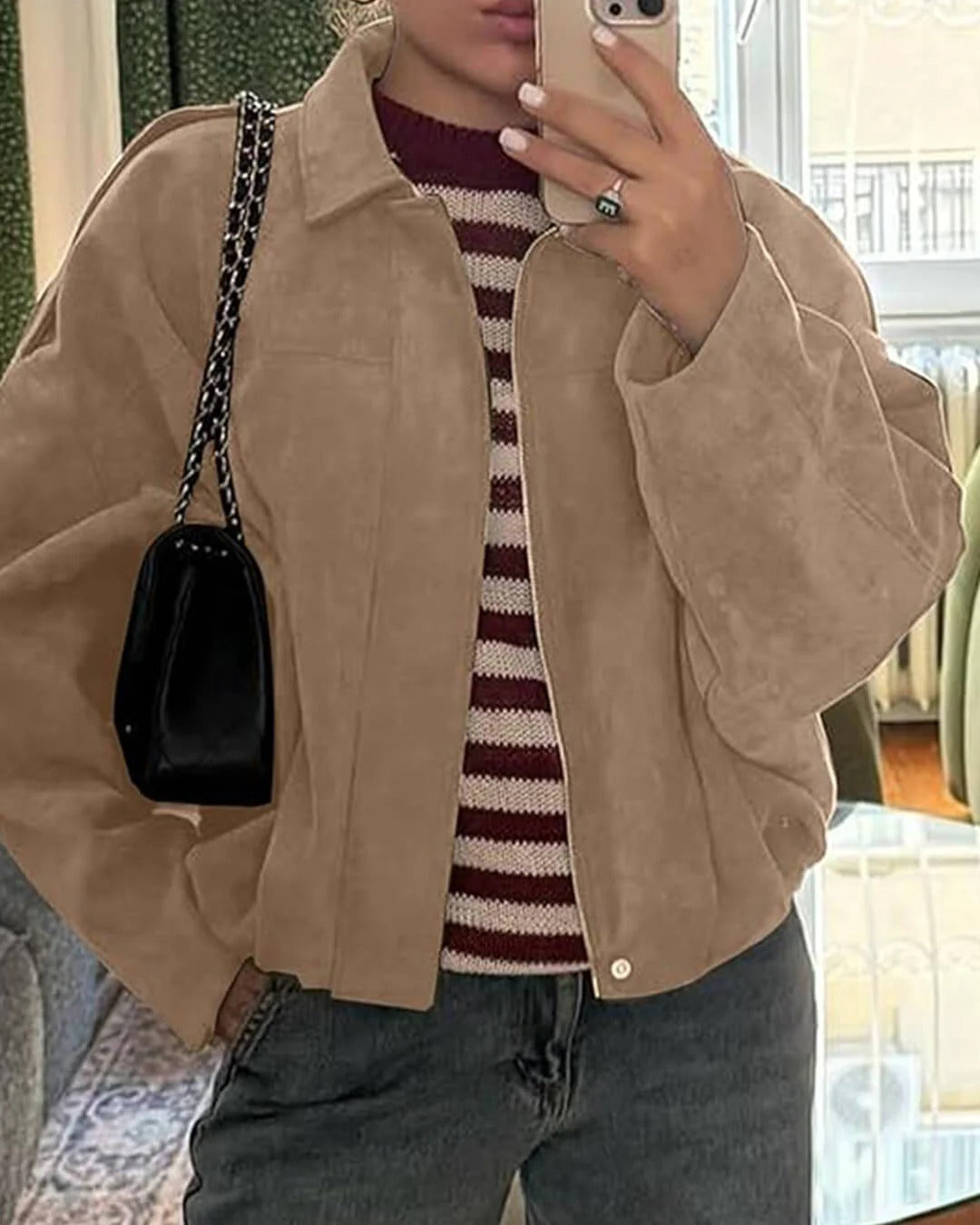 Women's Faux Suede Bomber Jacket — Fold-Over Collar 14