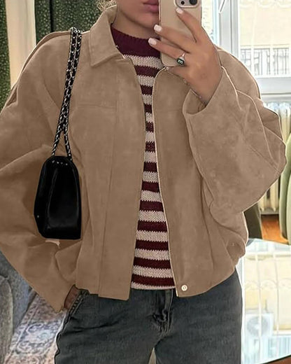Women's Faux Suede Bomber Jacket — Fold-Over Collar 14