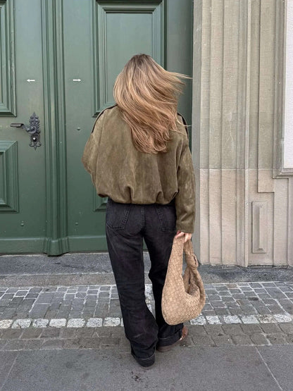 Women's Faux Suede Bomber Jacket — Fold-Over Collar 13