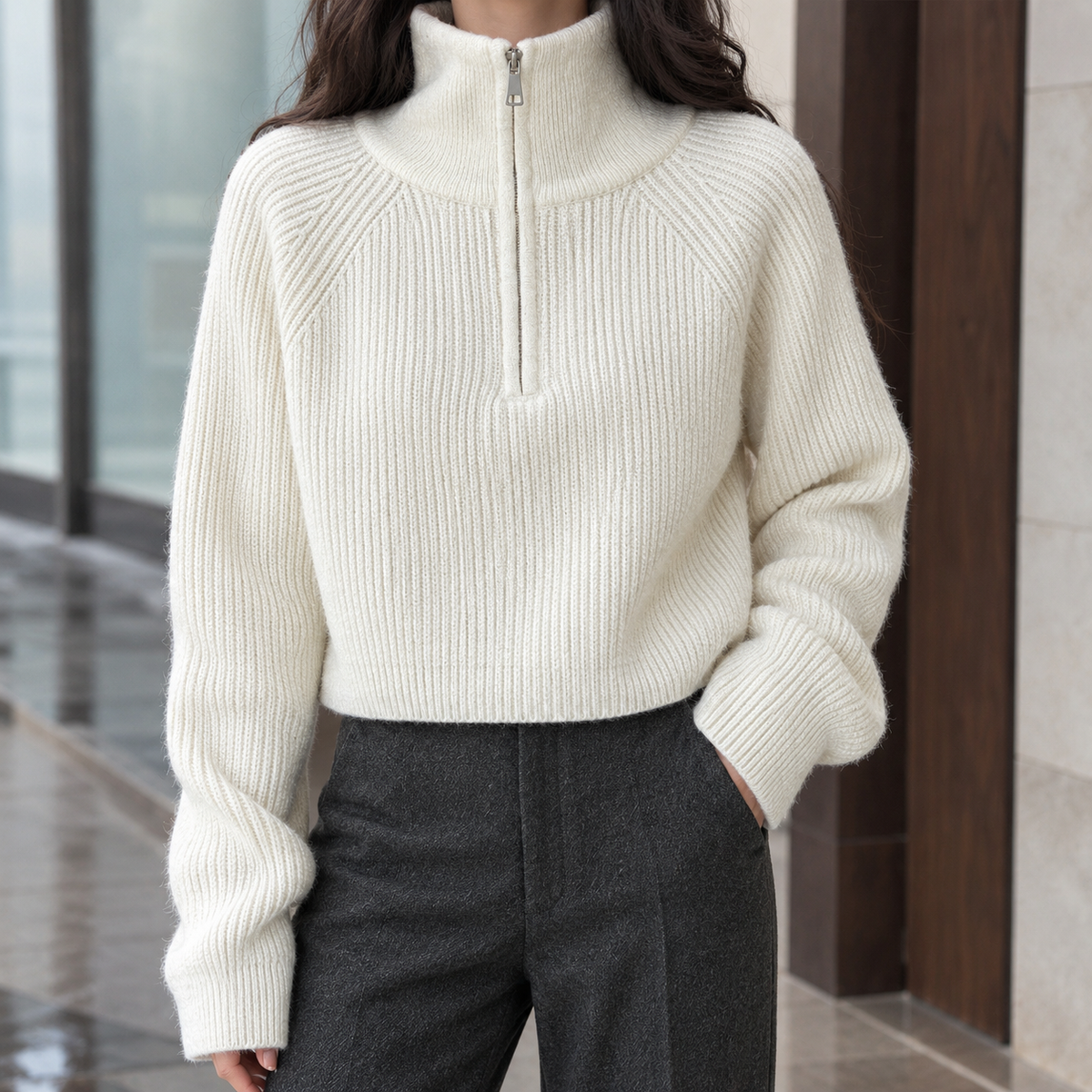 Half-Zip Wool Cropped Sweater — Ribbed Knit for Women 1
