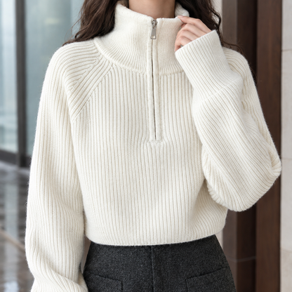 Half-Zip Wool Cropped Sweater — Ribbed Knit for Women 2
