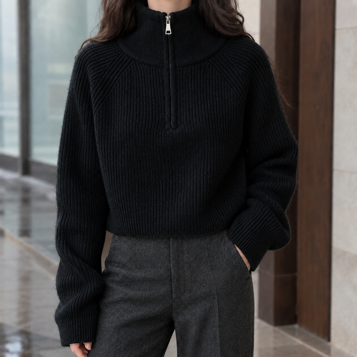 Half-Zip Wool Cropped Sweater — Ribbed Knit for Women 3