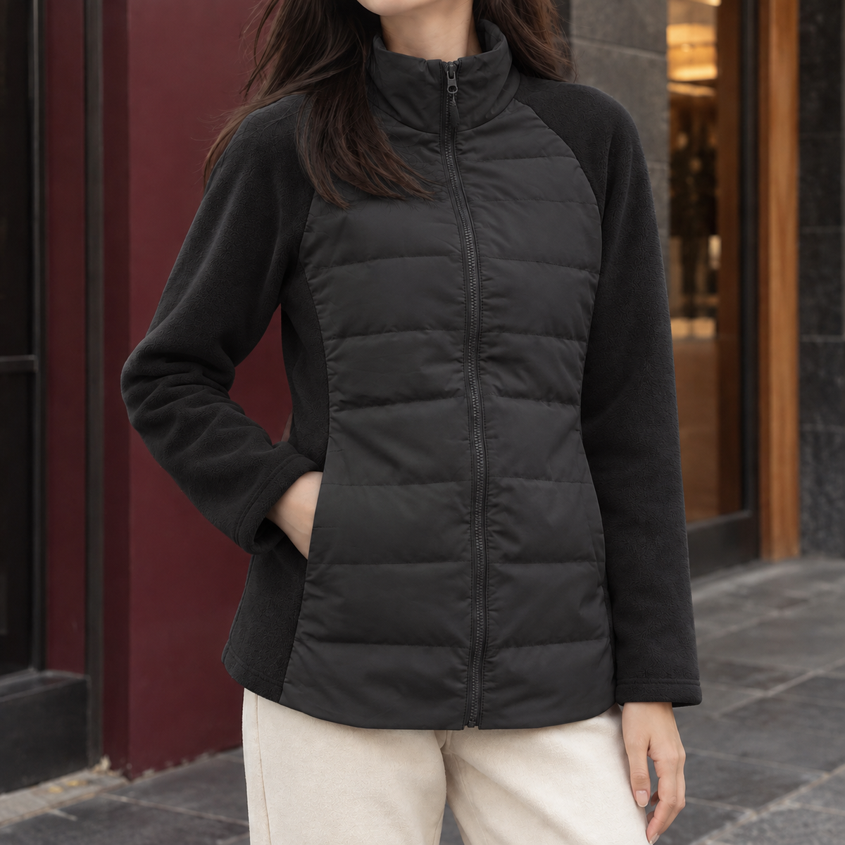 Women's Quilted Panel Jacket — Stand Collar Full Zip 3