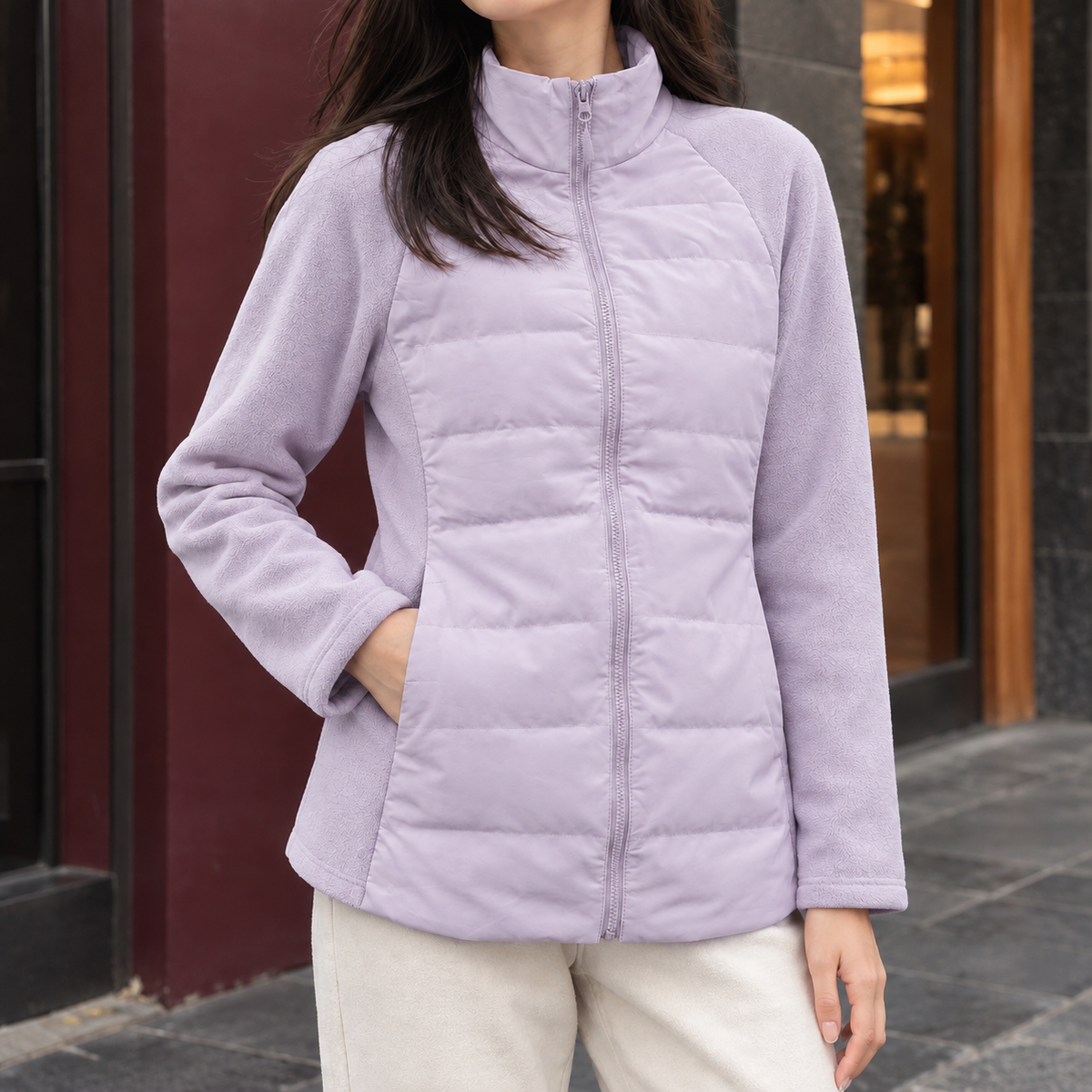 Women's Quilted Panel Jacket — Stand Collar Full Zip 4