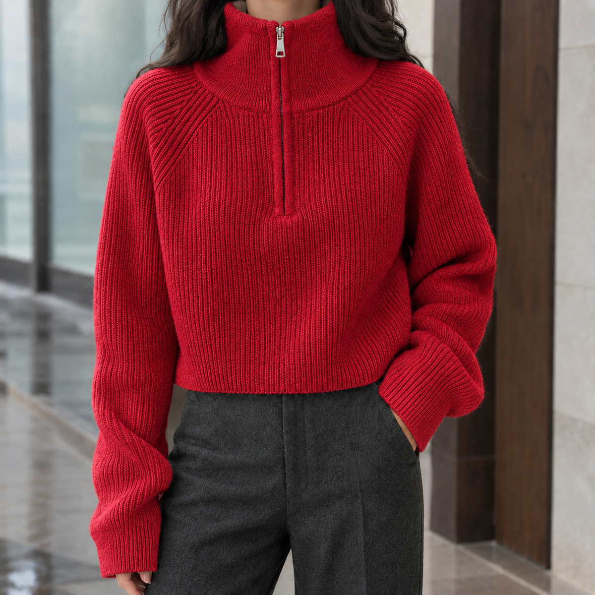Half-Zip Wool Cropped Sweater — Ribbed Knit for Women 4