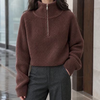 Half-Zip Wool Cropped Sweater — Ribbed Knit for Women 5