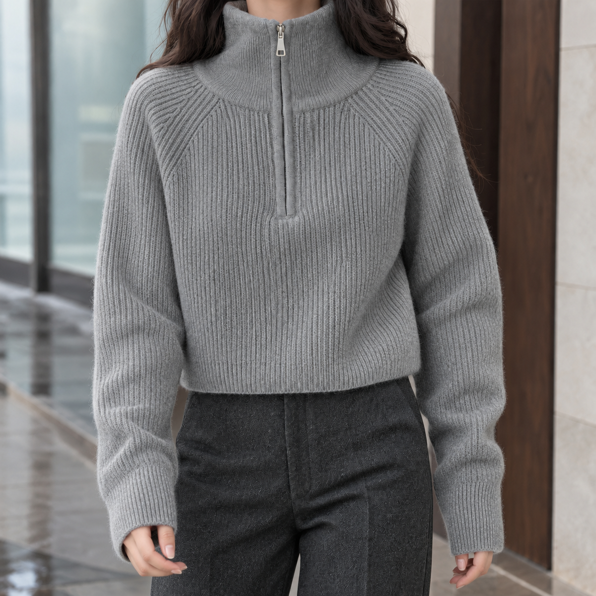 Half-Zip Wool Cropped Sweater — Ribbed Knit for Women 6